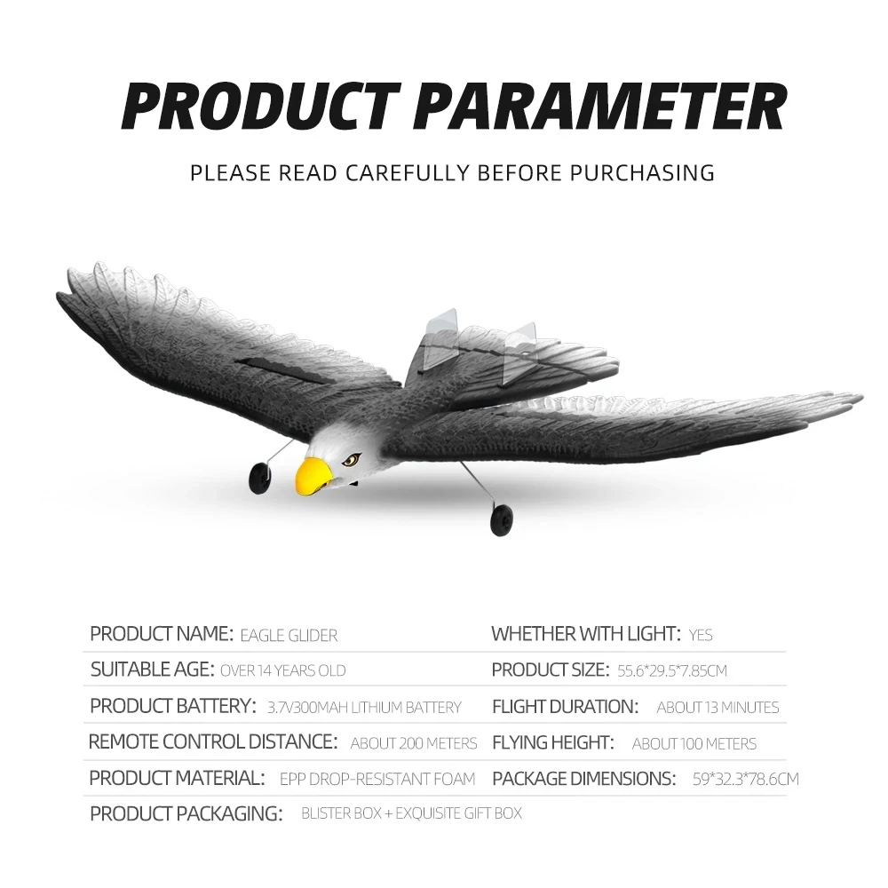 RC Plane 560MM Wingspan Eagle Bionic Aircraft 2.4G 3CH Remote Control Glider Foam Fighter Toys for Boys Kids