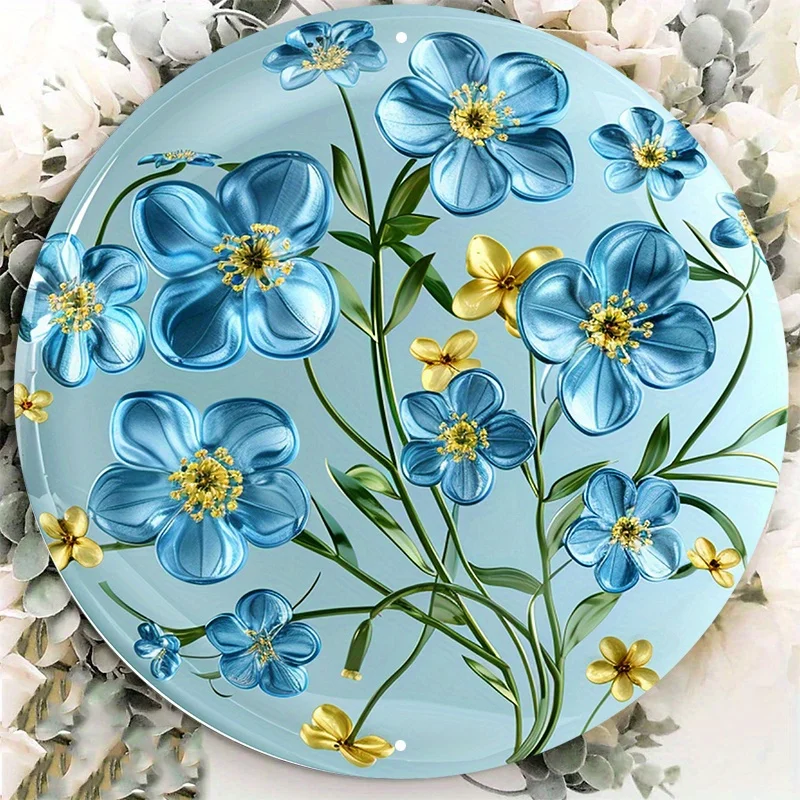 8x8 Zoll rundes Aluminium-Metallschild mit blauen Vergissmeinnicht und gelbem Gewellen-Design, UV-Schutzbeschichtung, kratzfest –