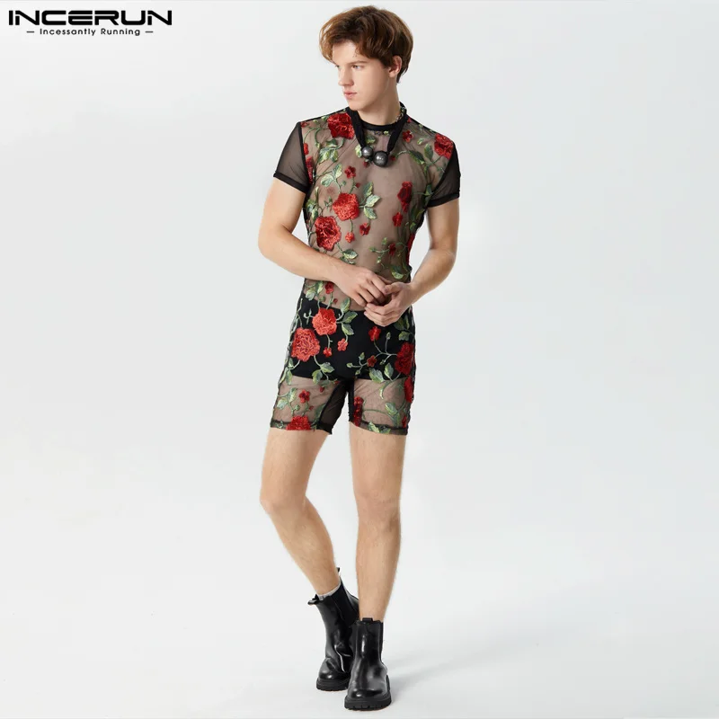 INCERUN 2024 American Style Sexy Styklish New Men Jumpsuits See-through Thin O-Neck Flower Printing Short Sleeve Bodysuits S-3XL