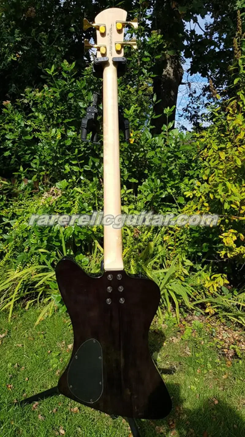 Rare 4 Strings Classic Spectbird Electric Bass Guitar Black Quilted Maple Top, Gold Hardware, Crown Inlay