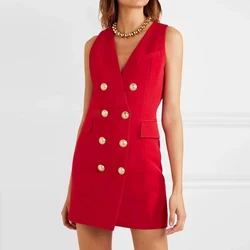 S-XL Three Color High Quality Fashion New Solid Color Double Row Gold Button V-Neck Sleeveless Slim Fit Commuter Women's Dress