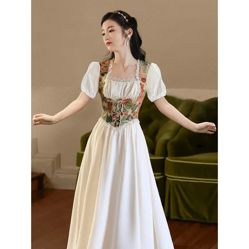 2026 Summer New Internet Hot Women's Clothing French Style Sweet Oil Painting Waist Dress