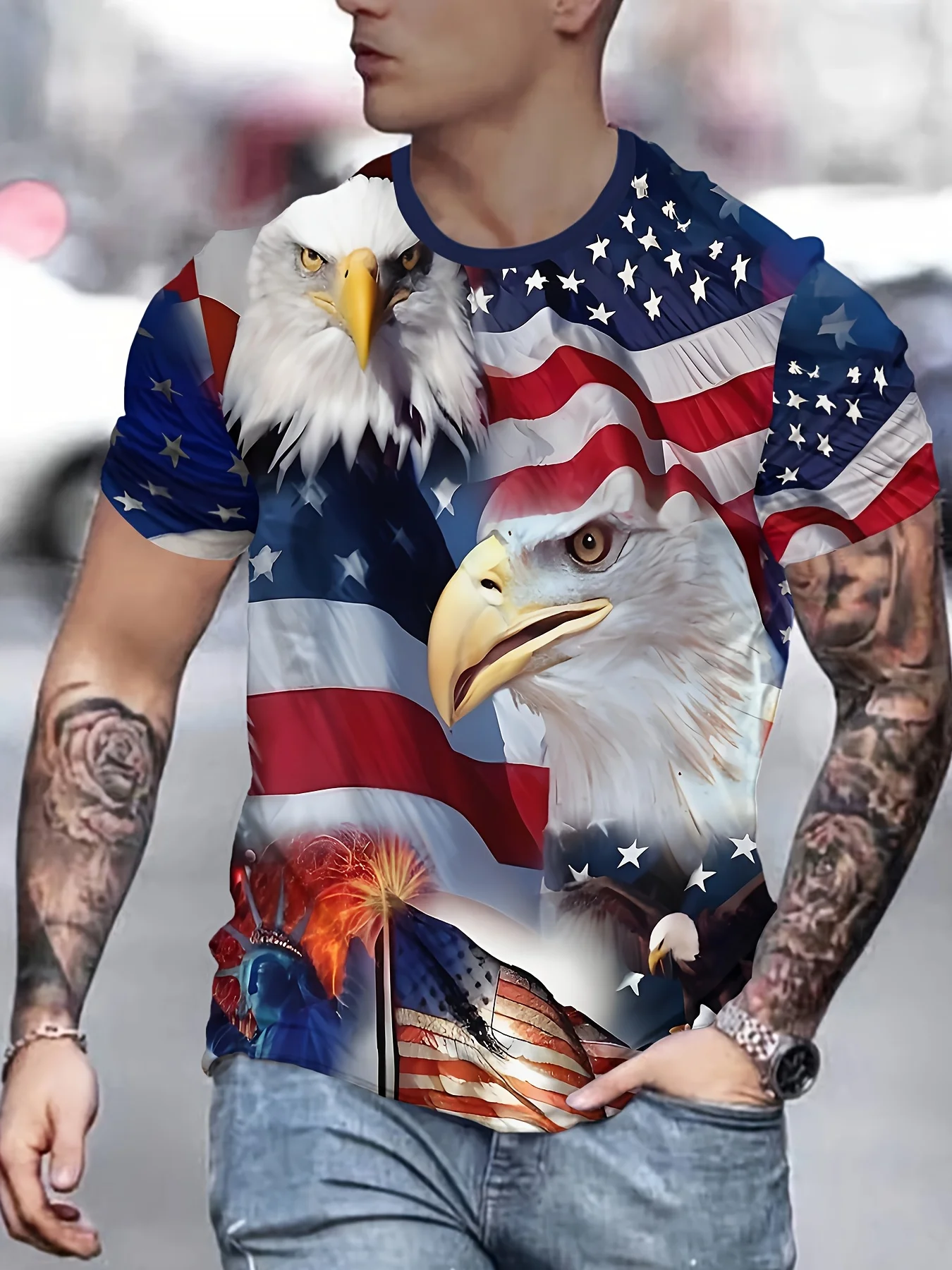 

Мужская футболка с рисунком патриотического орла - повседневная одежда с 3D принтом американского флага и круглым вырезом из полиэстера, повседневная одежда стандартной посадки