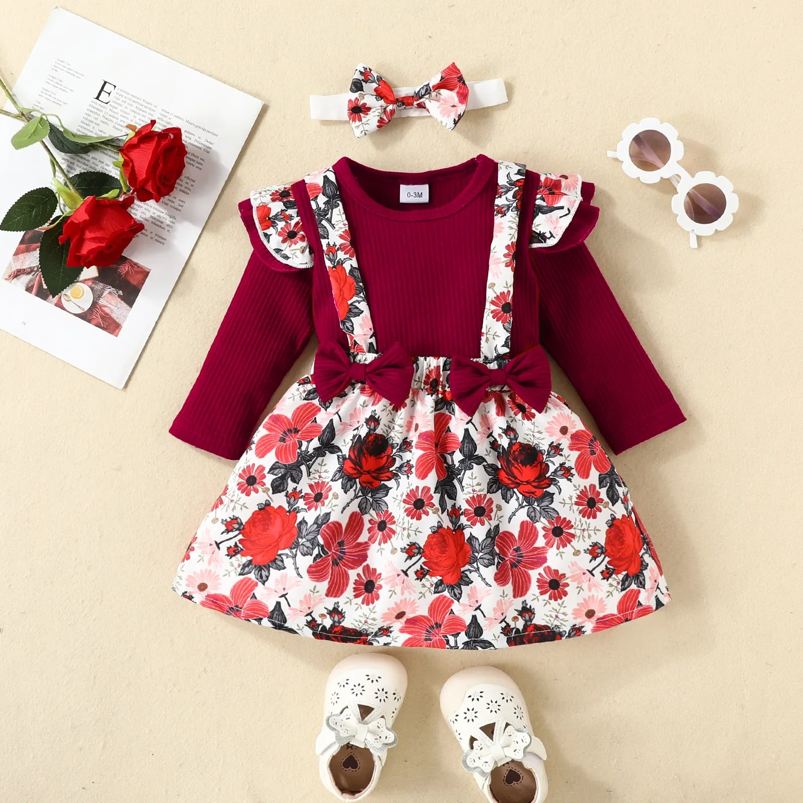 New 0-18Months Newborn Baby Girl Dress with Bow Long Sleeve Flower Dresses Onesie Clothing Autumn Infant Fashion Cute Jumpsuit