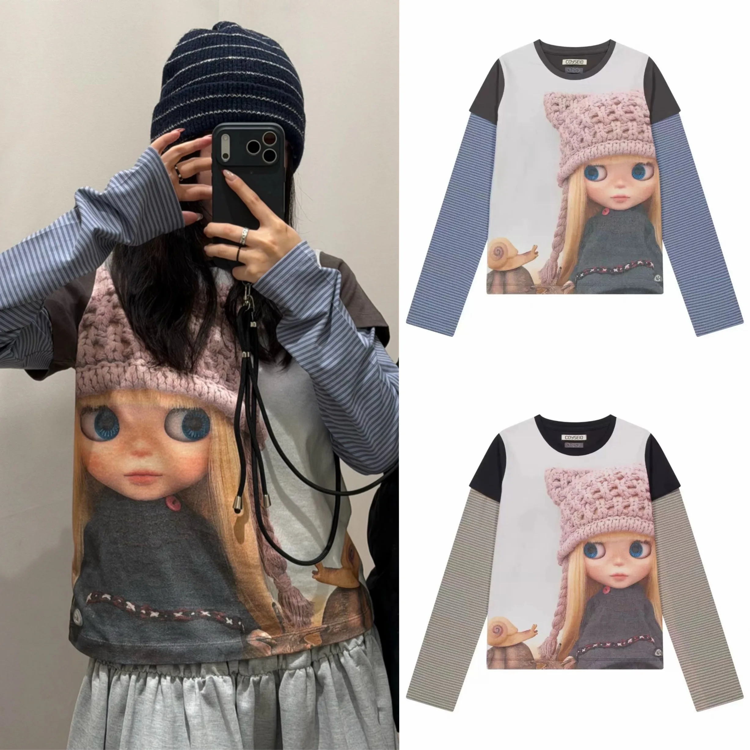 Coyse Doll Digital Print Striped Fake Two-Piece Long-Sleeved T-Shirt Spring Women's Loose Top