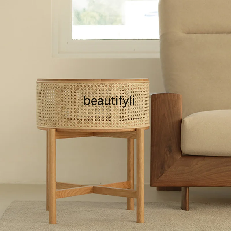 

Nordic Solid Wood Rattan Coffee Table Sofa Side Table Simple Tea Side Table Living Room Bedroom Rattan Wood