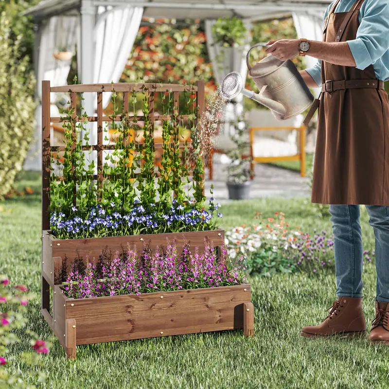

Raised Garden Bed with Trellis 2-tier Wood Planter Box with Drainage Holes-Rustic Brown