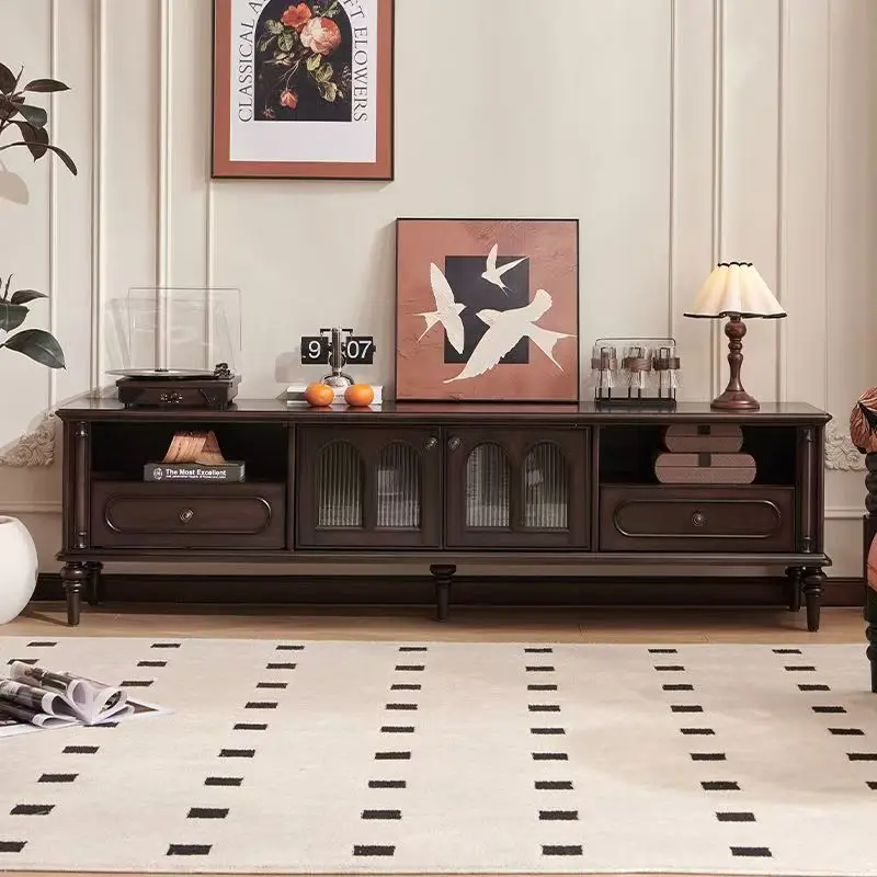 

French retro solid wood TV cabinet high-end black floor cabinet medium antique home living room locker storage cabinet