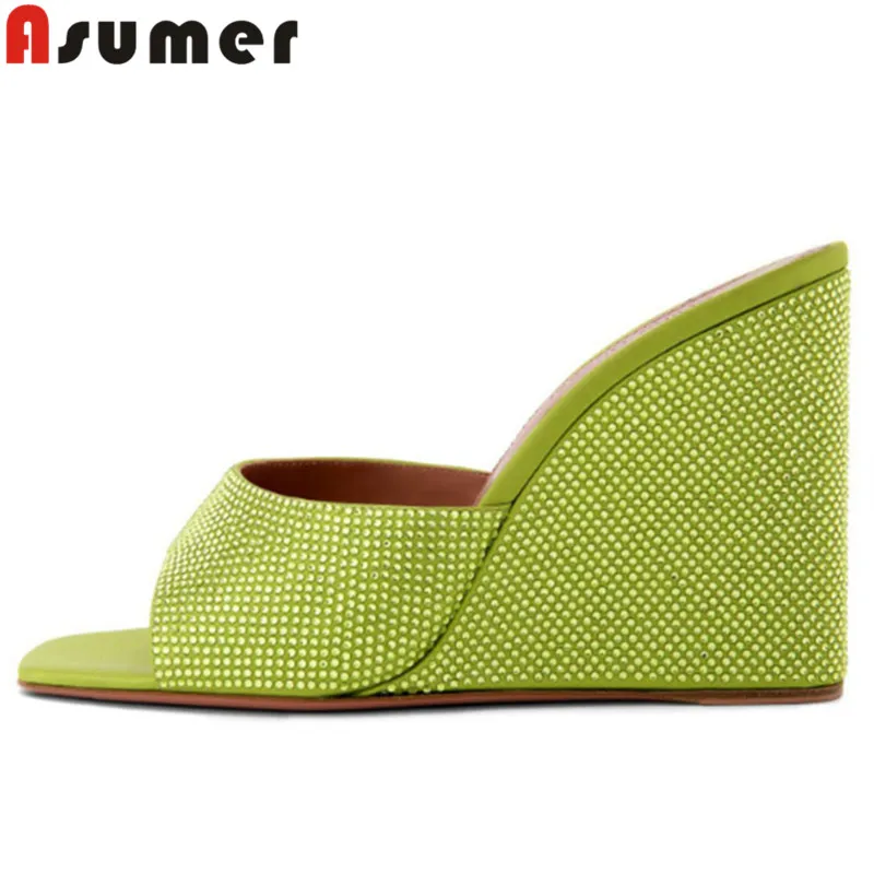 

ASUMER New Flock Rhinestone Woman Slippers 2023 Wedges High Heels Slippers Fashion Ladies Solid Summer Shoes