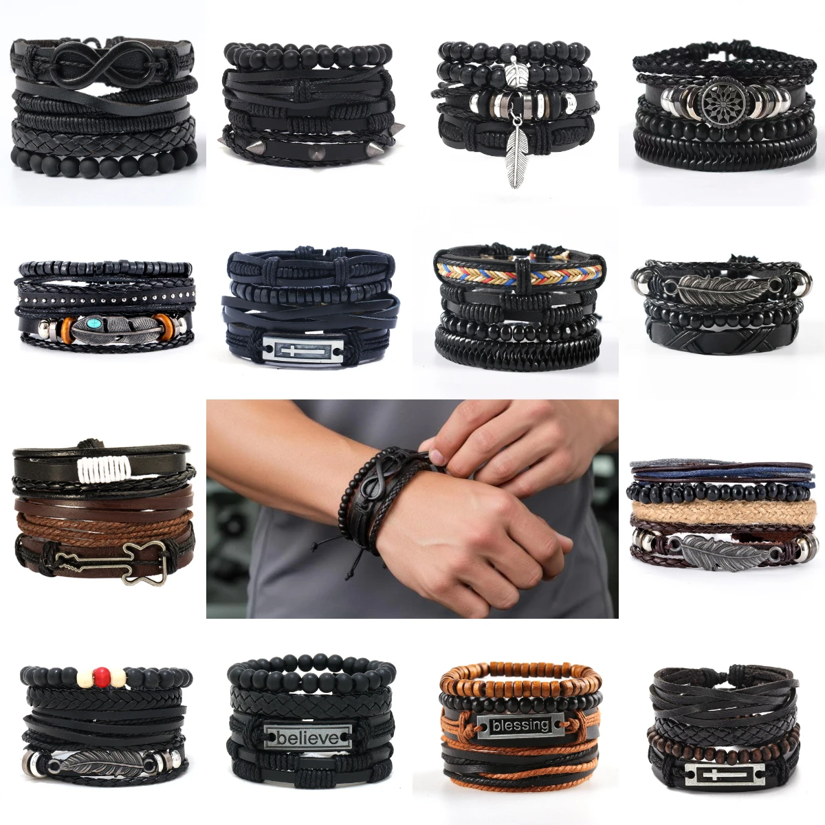 Set Braided Wrap Leather Bracelets Bangle For Men Vintage Feather Rudder Charm Wood Beads Ethnic Tribal Wristband Rope Bracelet