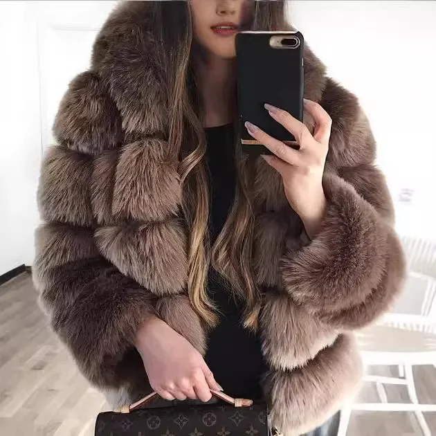 Krótki płaszcz damski z imitacji futra lisa Płaszcze z kapturem Zamek błyskawiczny Pełny rękaw Gruby Ciepły Elegancki Splice Casual Jesień Zima Otwarty ścieg