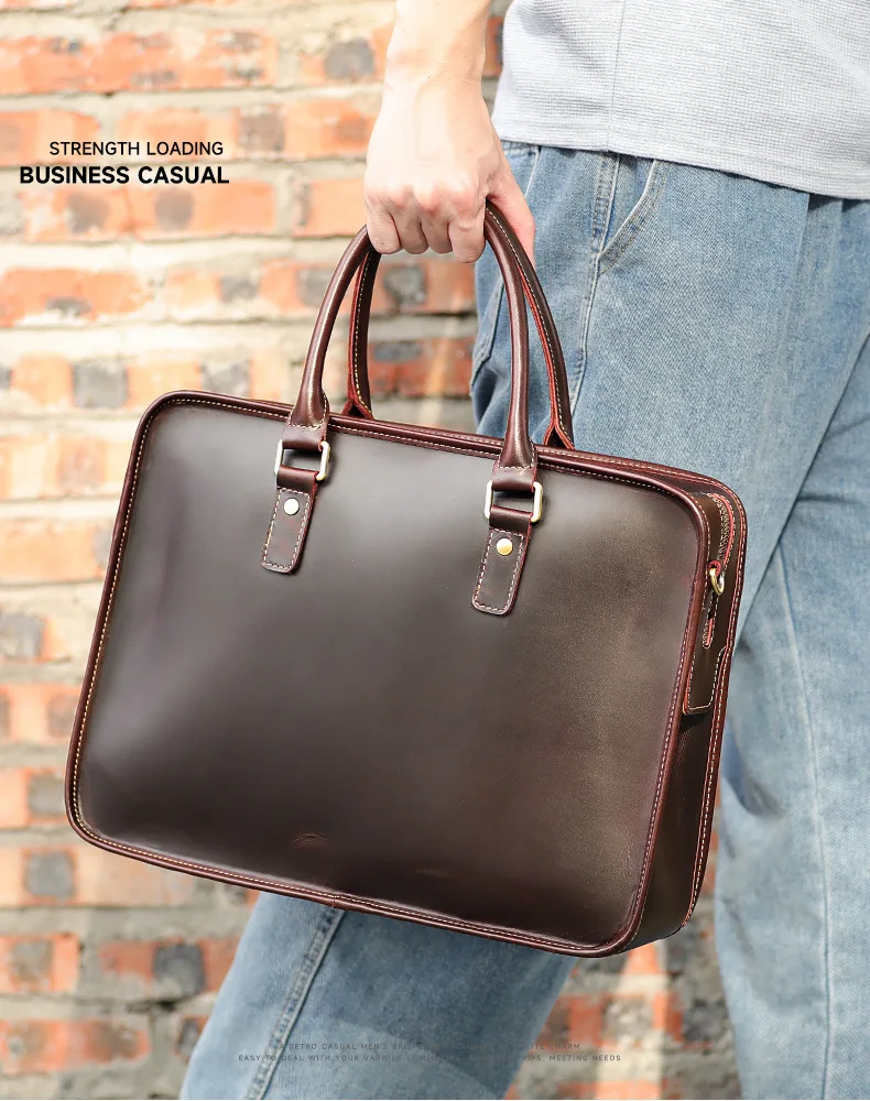 Bolsa masculina de couro comercial, pasta de grande capacidade, bolsa para computador, couro de vaca luxuoso casual, ombro