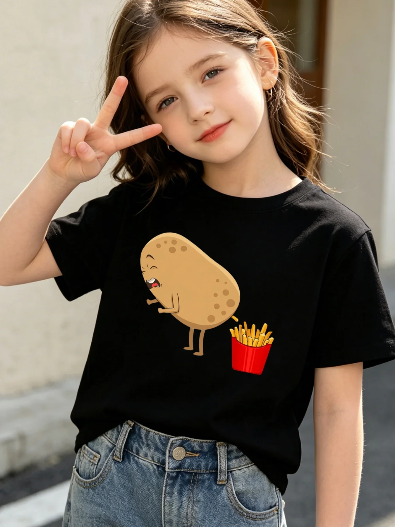 Kids T Shirt Funny Potato French Fries Cartoon Print Boys Girls Family Matching Soft Cotton Short Sleeve Summer Casual Tee