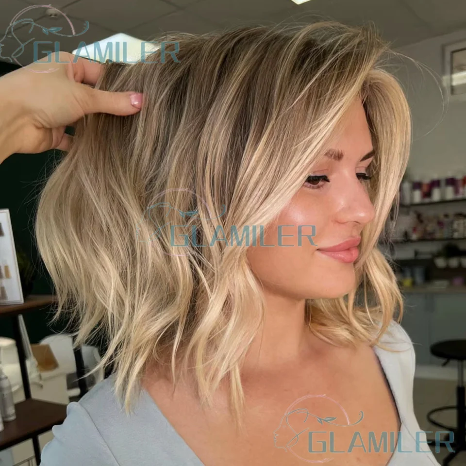 شعر بشري قصير مموج يسلط الضوء على شعر مستعار بوب أشقر Balayage # 613 شعر مستعار بدانتيل أمامي مقاس 13 × 4 مع شعر مستعار دانتيل كامل بجذور بني داكن