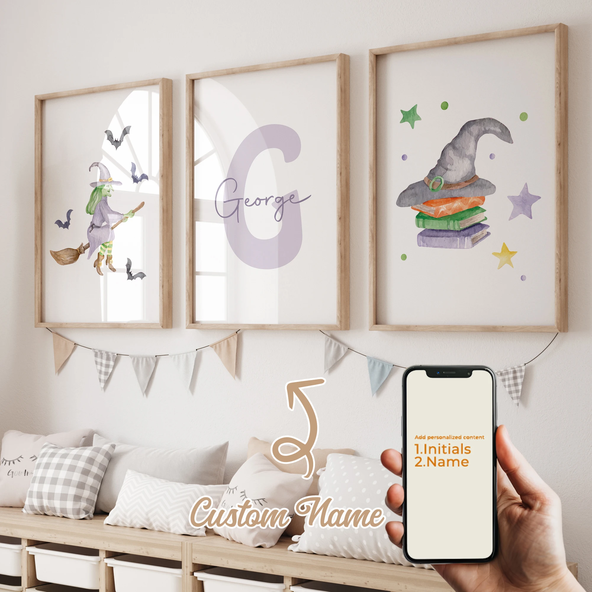 

3Pcs Personalized Custom Name witch Wall Art Printmaking Canvas Painting Poster Picture For Halloween Living Room Home Decor