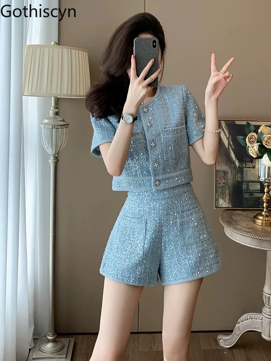 

Commuter Suit Women's Summer Short-sleeved Turn-down Collar Sequined Jacket High Waisted Shorts Two-piece Set Female Clothes