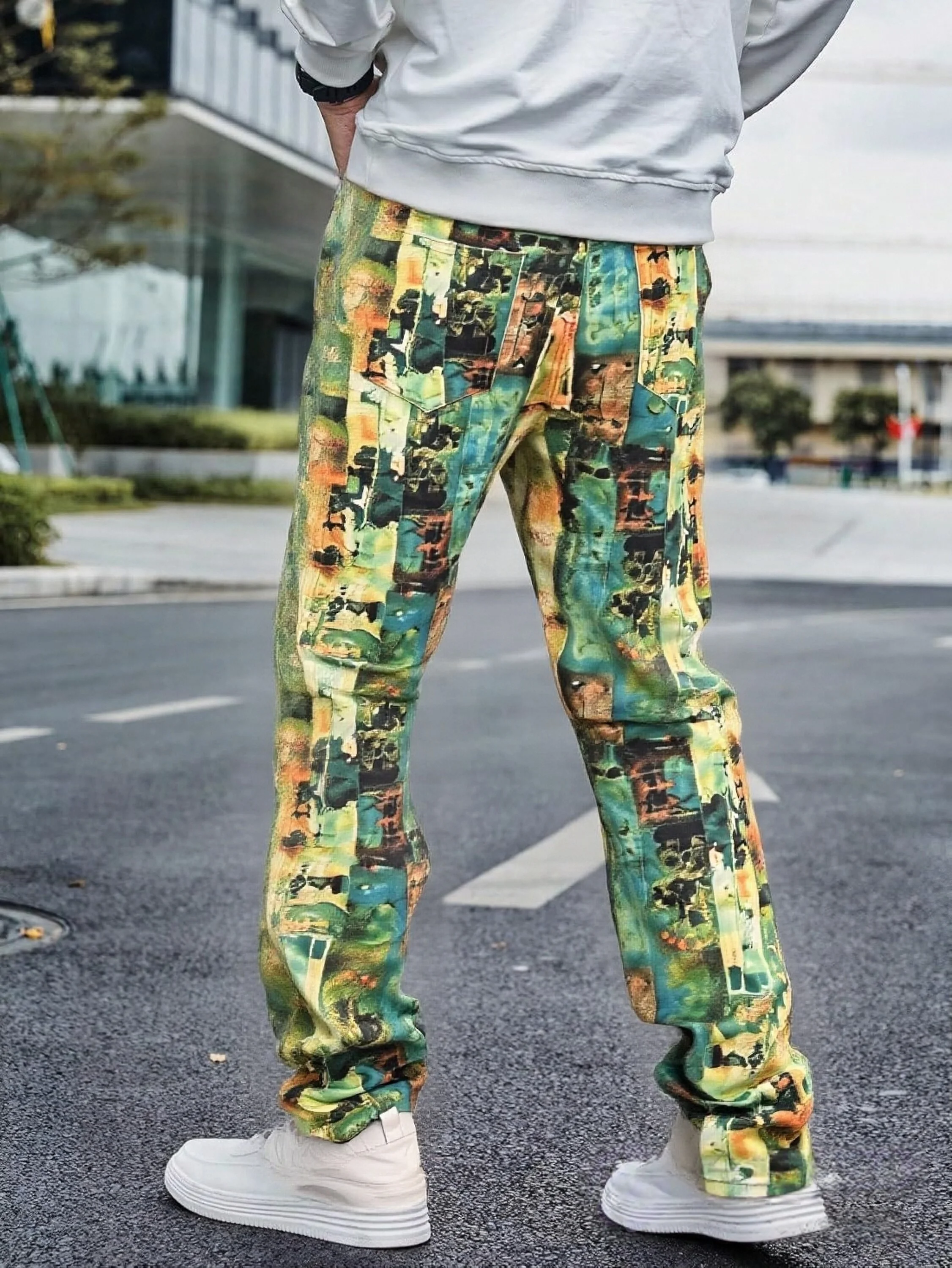 Y2K Men's Denim Jean Patchwork Collection - Fashionable Trendy Street Hip-Hop Style Regular Fit Green Cotton Blend
