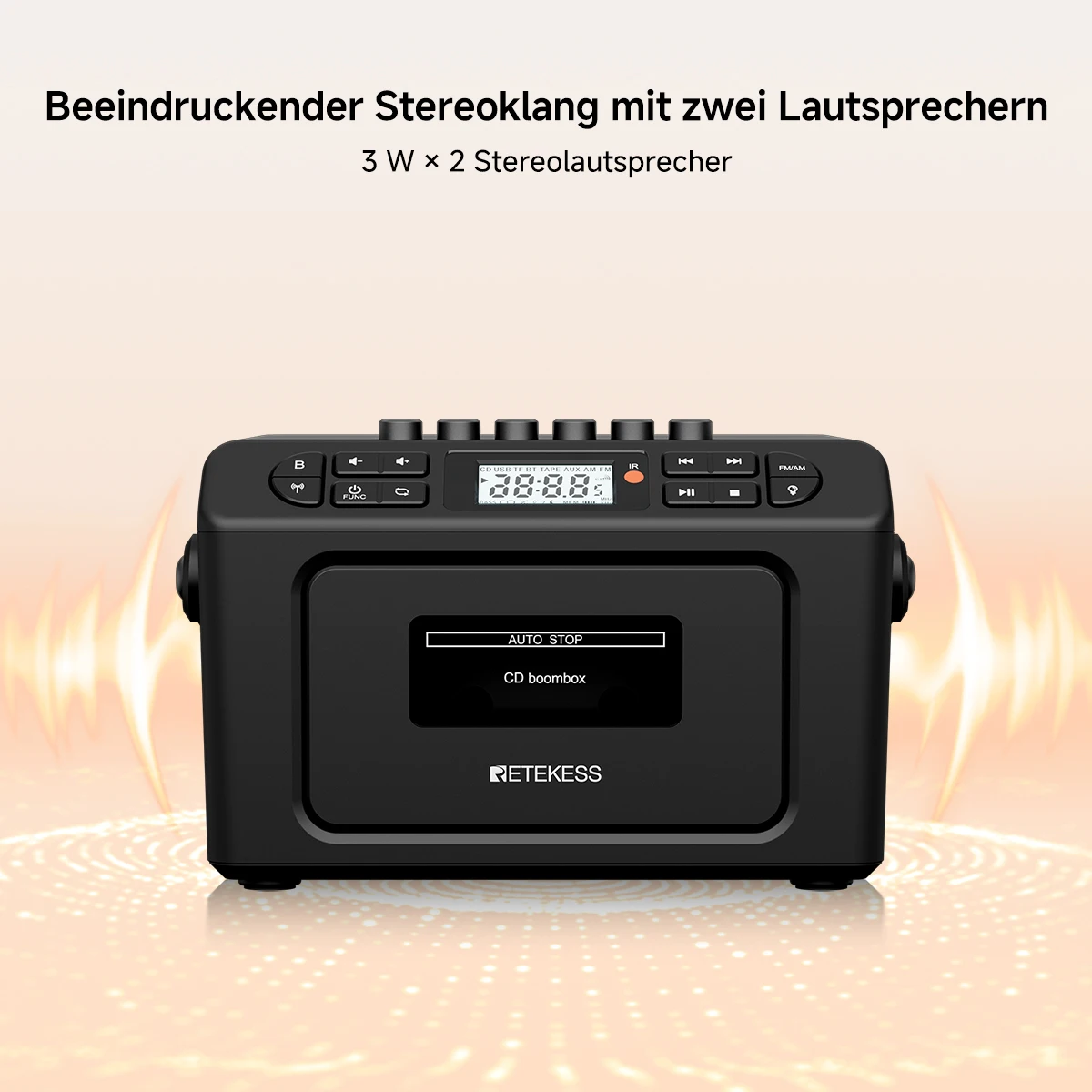RETEKESS TR642 Multifunktionales Bluetooth-Radio CD AM FM Boombox Kassettenrekorder USB TF AUX Tragbarer CD-Player für Zuhause Geschenke – Detail 7
