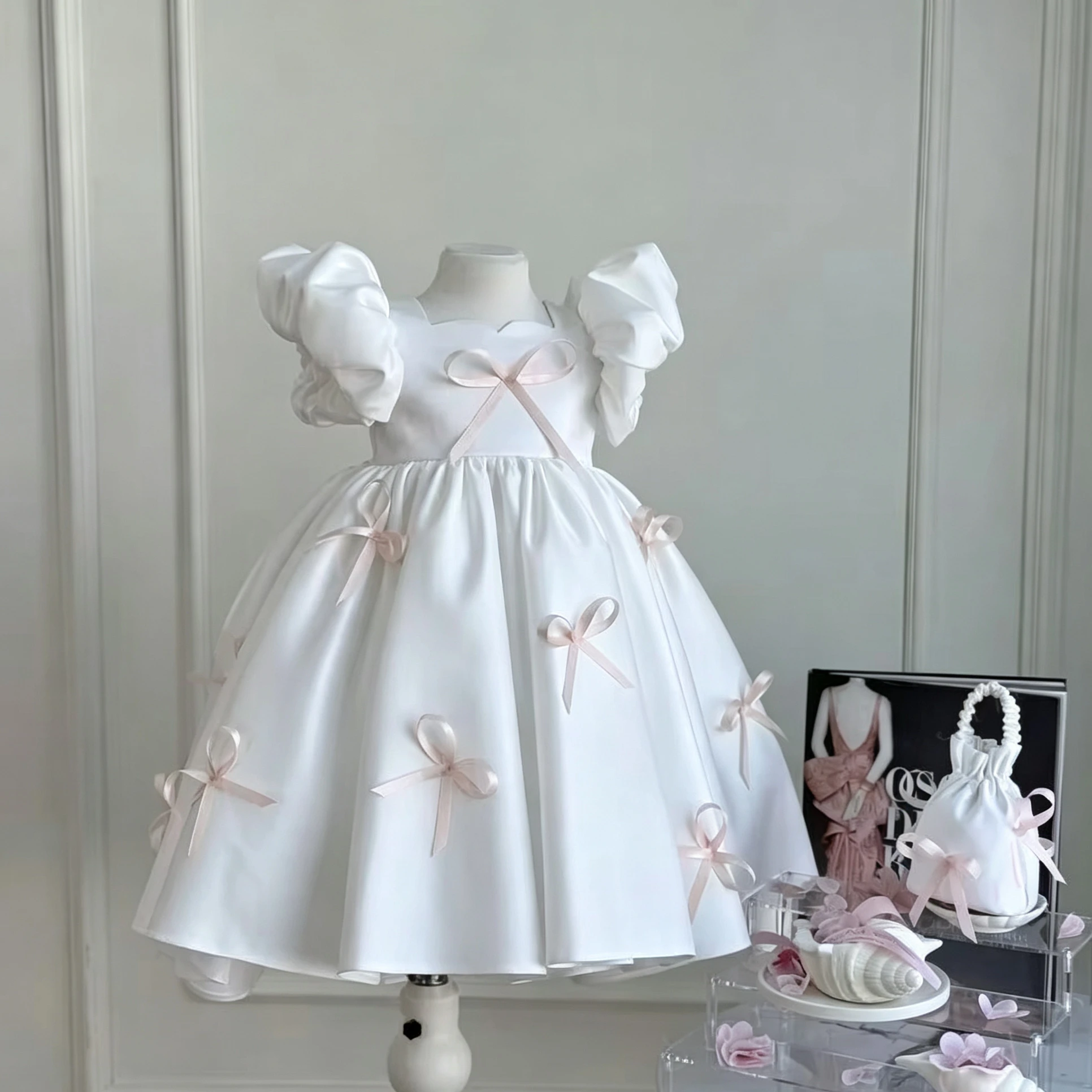 Customized White Flower Girl Dress For Wedding Bow Short Sleeve Floor Length Elegant Kids Birthday Party First Communion Gown