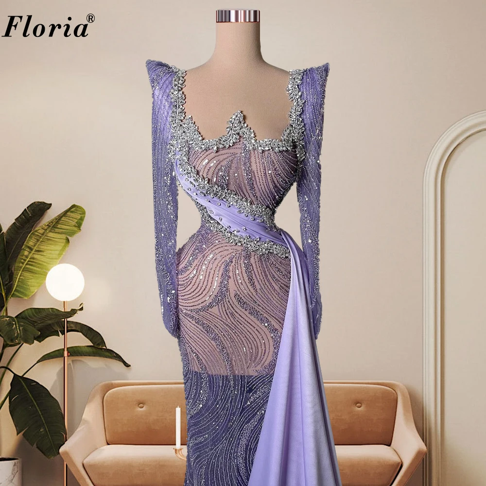 Long Sleeves Purple Evening Dresses Mermaid Crystals Celebrity Dresses For Women Special Occasion Dresses Robes De Soirée Custom