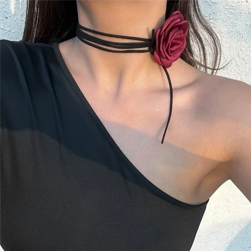 Rose Flower Clavicle Chain Necklace for Women 4 Colors Gothic Ladies Korean Fashion Adjustable Sexy Rope Choker Y2K Accessories