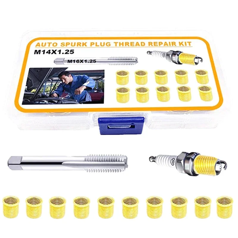 13Pcs Spark Plug Thread Hole Repair Tools Metal M12x1.25 Inserts M14x1.25 Tap 14mm Rethreaded Kit Threaded Tap Spark Plug Tap In