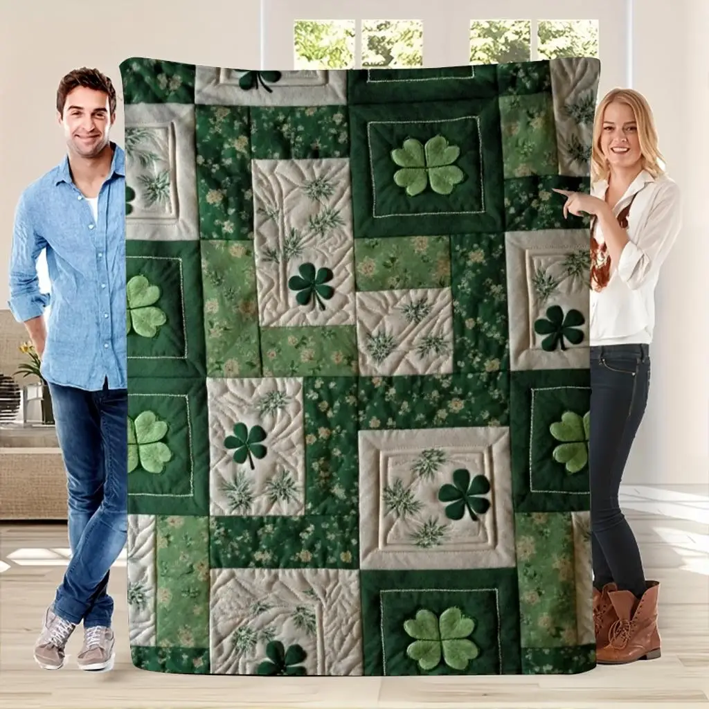 1pc Clover Patchwork Flannel Throw Blanket, Green White Plaid, Soft Warm, for Sofa Bed Home Decor