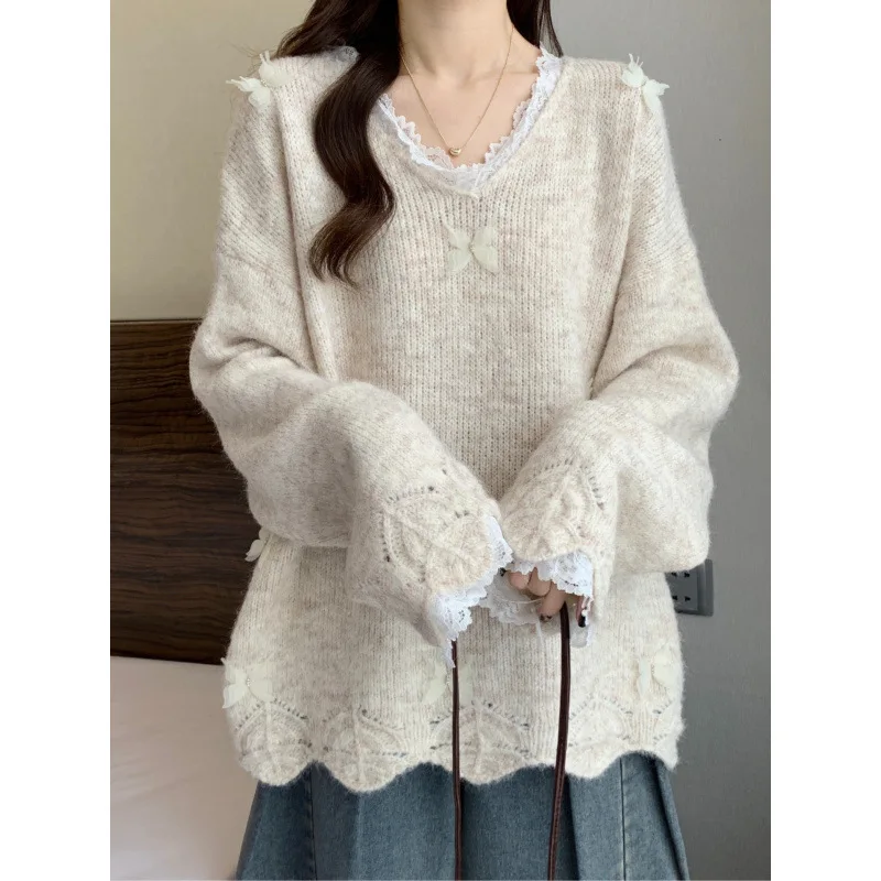 الخريف الشتاء ارتداء حجم كبير الدانتيل الفرنسي محبوك سترة المرأة موضة لينة مريحة قاعدة طبقة الخامس الرقبة فضفاضة التخسيس