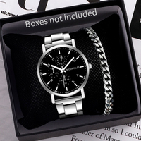 2PCS Men's Watch Casual Silver Alloy Band Male Quartz Watches Bracelet Set(Without Box)
