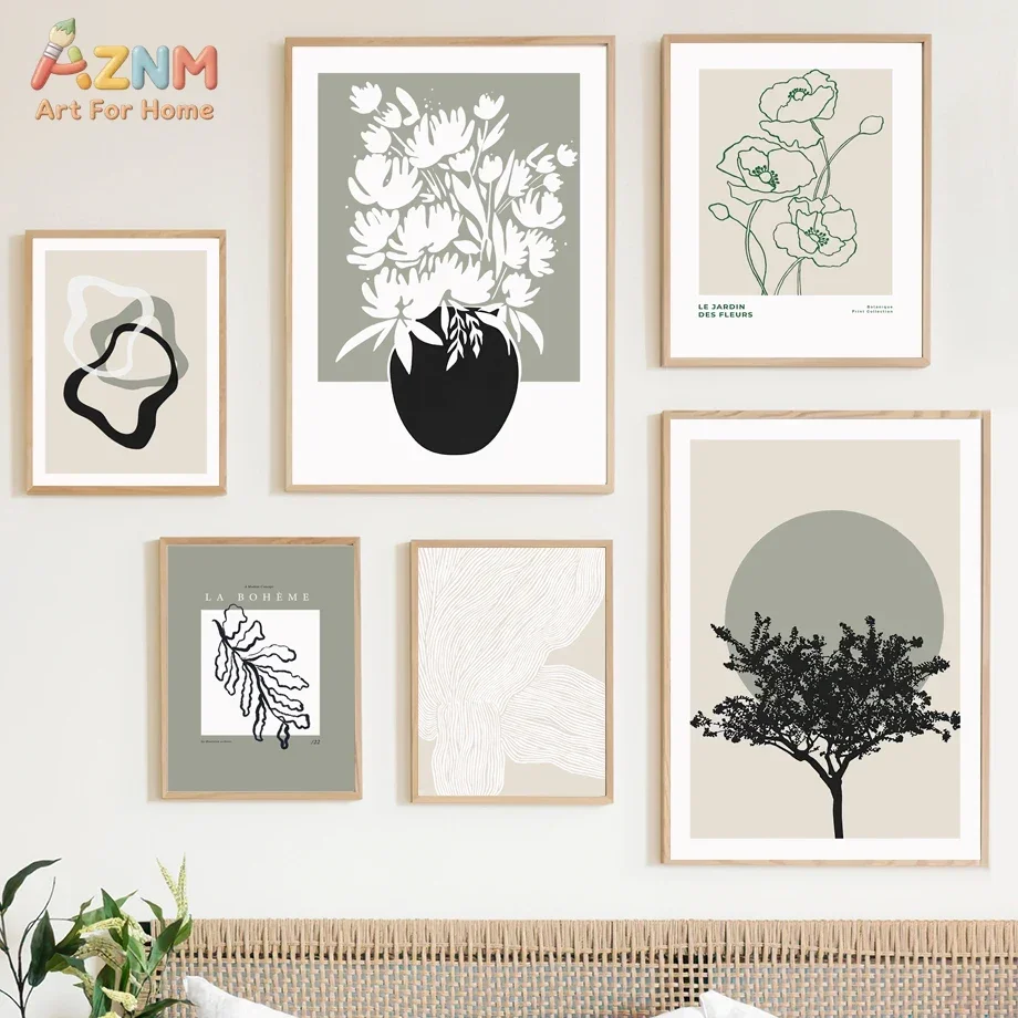 AZNM Neutral Boho Line Floral Canvas Wall Art Print, Minimal Abstract Plant Vase Tree Line Drawing Beige Sage Living Room Aesthe