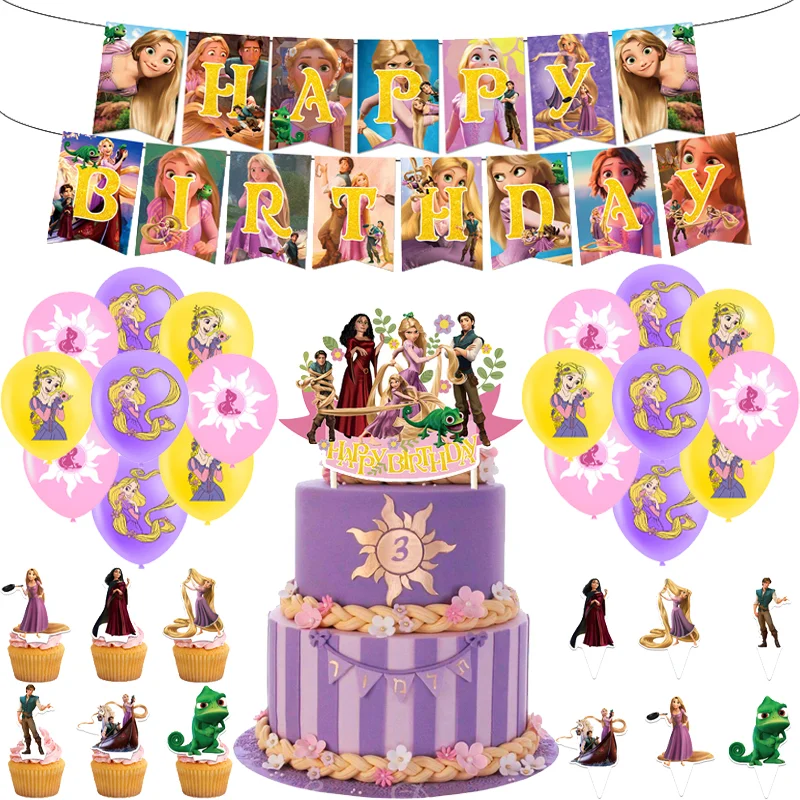 Disney Rapunzel Party Supplies Banner Cupcake Topper Balloons Children\'s Birthday Party Decorative Prop cake decoration for kids