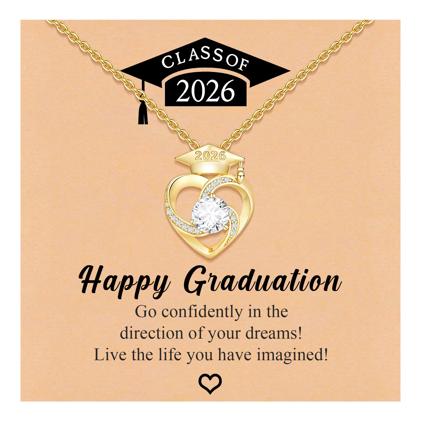 Vnox Gold Color Heart Pendant CZ Stones Necklaces,  Class Of 2026 Graduation Cap Necklace High School College Graduation Gifts