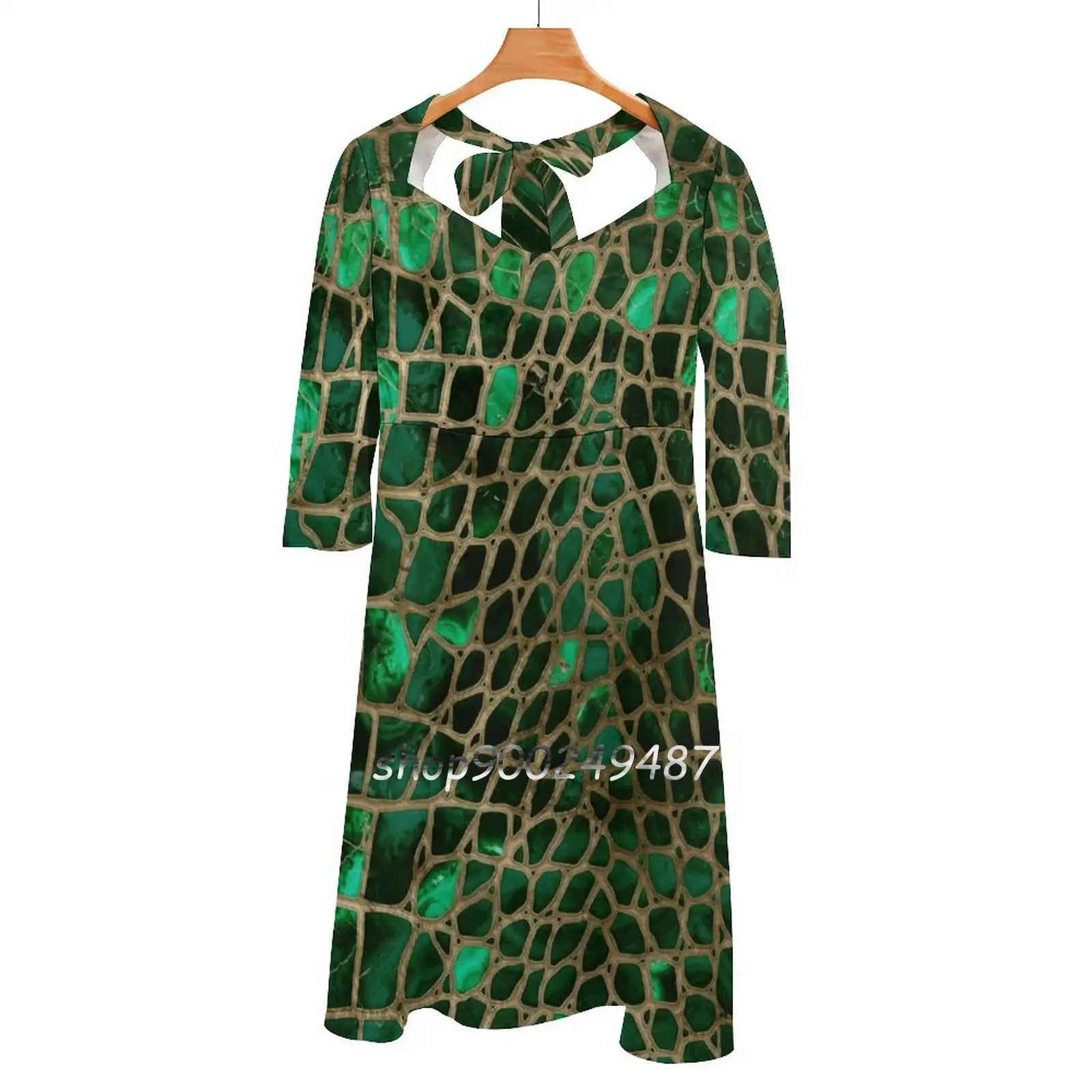 

Faux Crocodile Texture Malachite And Gold Square Neck Dress Cute Loose Print Dresses Elegant Beach Party Dress Alligator