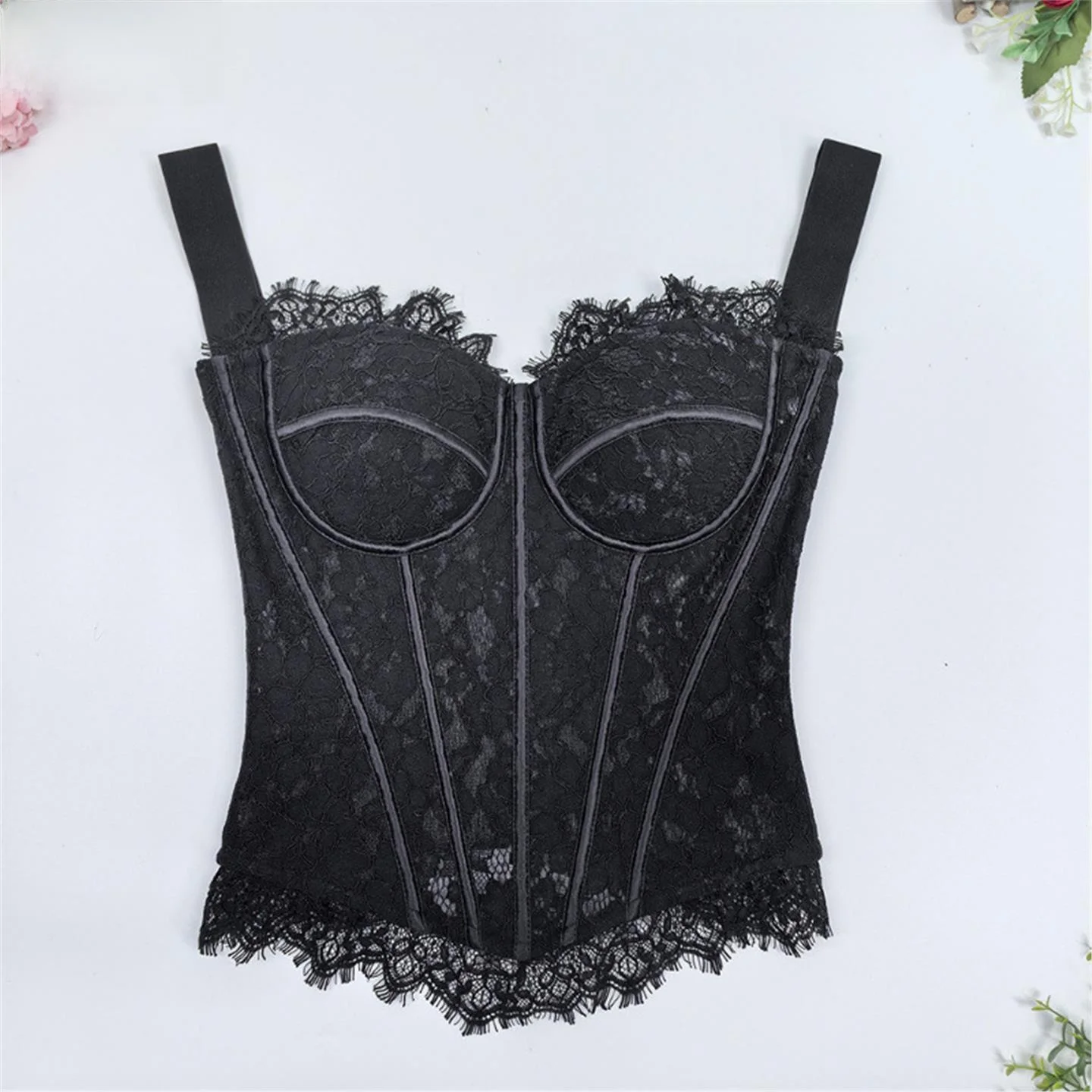 Lace Trim Knitted Close-Fitting Top Women's Holiday Strap Bralette Fishbone Inner Wear European Style Polyester Fabric