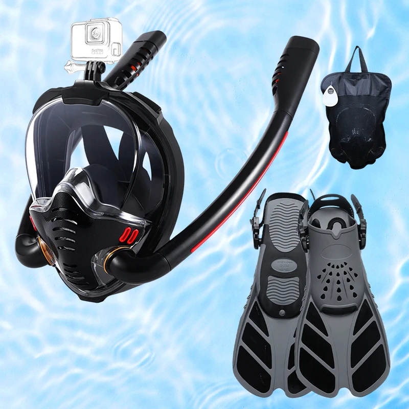 

Full Face Snorkel Mask With Fins for Adults Dual Breathing Diving Tubes Panoramic Secure Leak Seal Universal Adjustable Straps