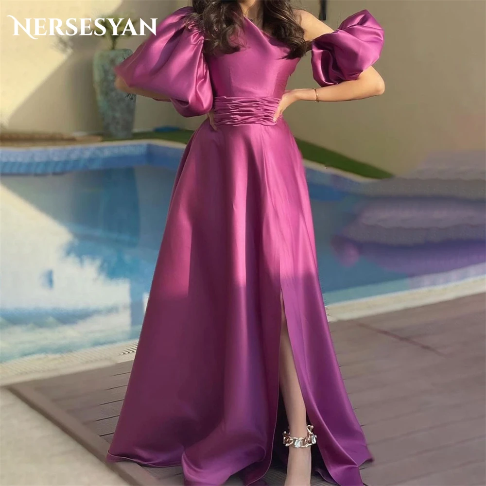 

Nersesyan Hot Pink Formal Evening Dresses A-Line One Shoulder Puff Sleeves Side Slit Prom Dress Solid Pageant 2024 Party Gowns