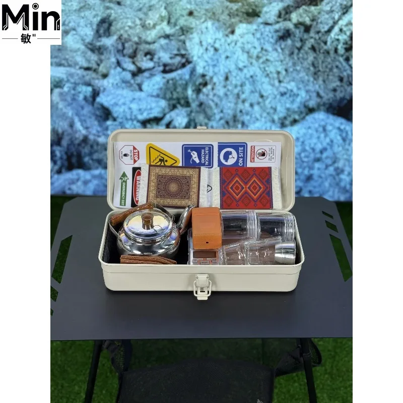 Multi Functional Portable Metal Storage Toolbox With Tea Set Kettle Cup Stove Outdoor Camping Hiking Picnic Storage Accessory