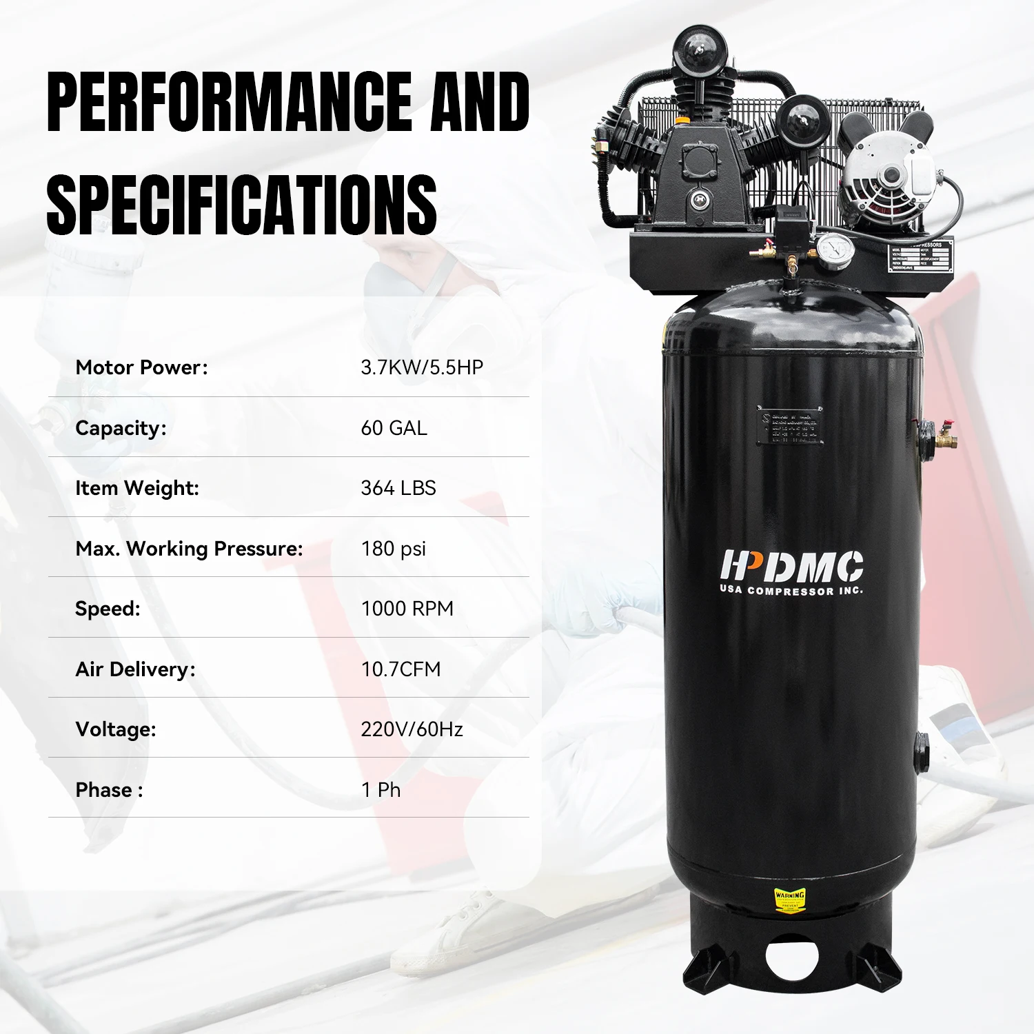 HPDMC 5.5HP / 3.7KW Air Compressor 60 Gallon Vertical ASME Tank 10CFM, 180PSI 220V 1 Phase
