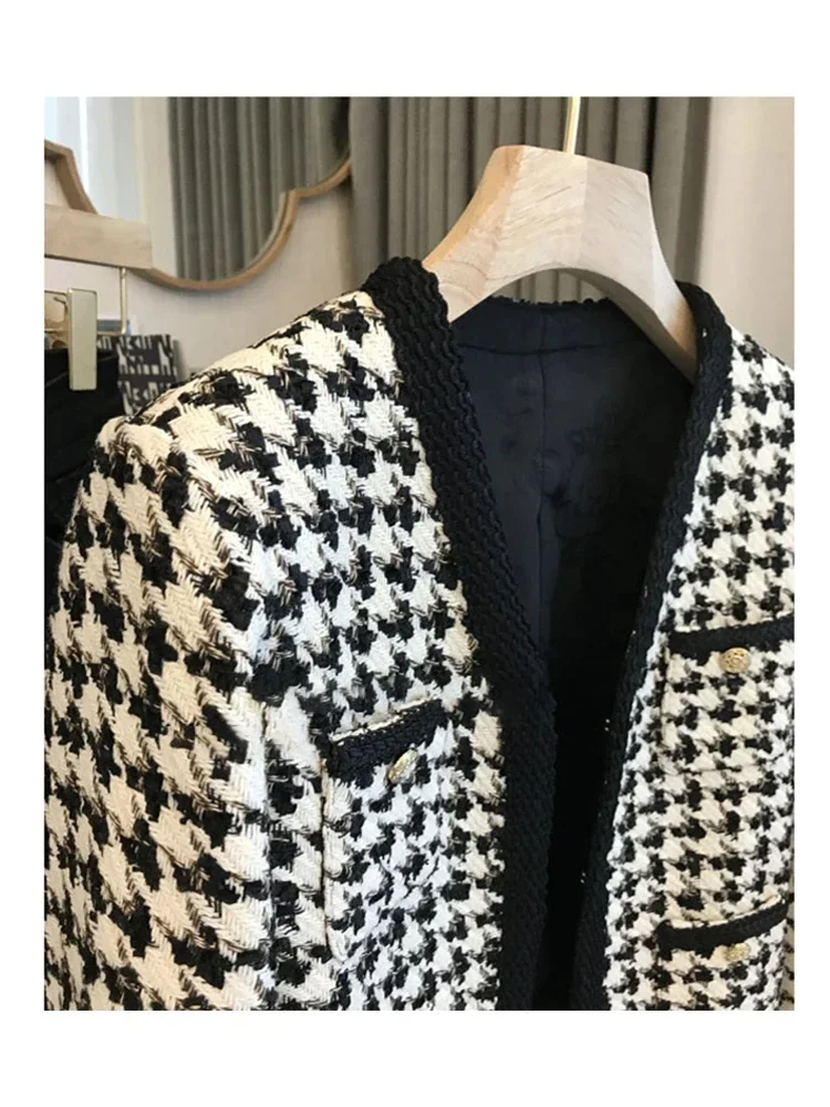 Nuevas chaquetas coreanas a cuadros para mujer, chaquetas ajustadas con cuello en V y una hilera de botones, chaquetas de pata de gallo a la moda para otoño, abrigos para mujer, Top de viaje