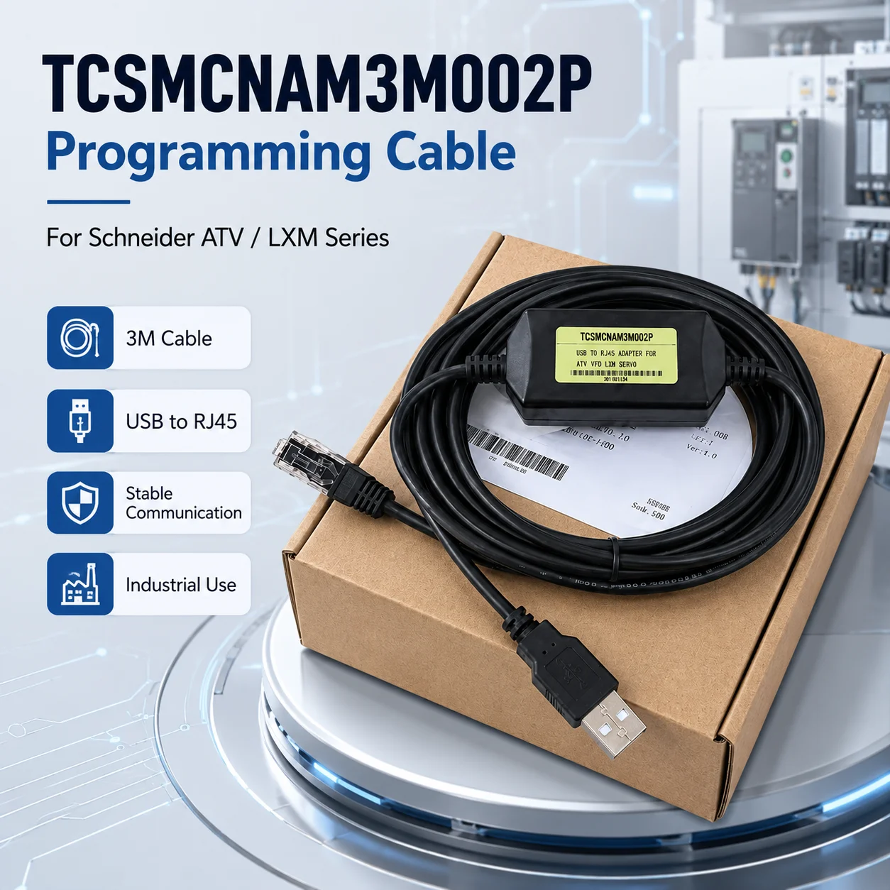 TCSMCNAM3M002P 3M Programming Cable, USB to RJ45 Debug Download Lead for Schneider ATV VFD and LXM Servo Drive, 10V