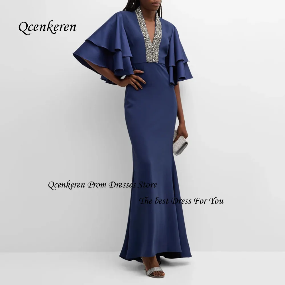 Qcenkern-vestido de noche Formal de satén de sirena con cuello en V, traje de fiesta con manga de campana, longitud hasta el suelo, color azul marino, precioso