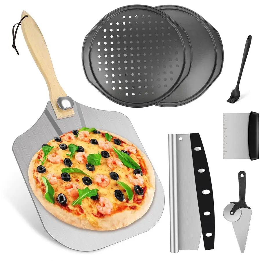 

7PCS Pizza Peel Pizza Pan Set, 12 x 14 Pizza Spatula, Aluminum Pizza Paddle with Rocker Cutter Scraper Pie Server Oil Brush, Piz