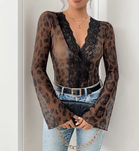 

Summer New Fashionable and Sexy Spicy Girl Style Crocheted Lace Patchwork Deep V-Neck Leopard Print Mesh See Through Jumpsuit