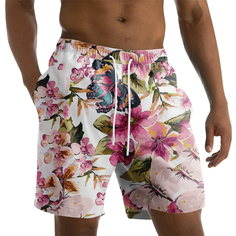 Coconut Leaves Men\'s Flowers Beach Briefs Summer Big Size Swimwear Men Board Shorts Casual Hawaiian 3D Holiday Trunks Stripe