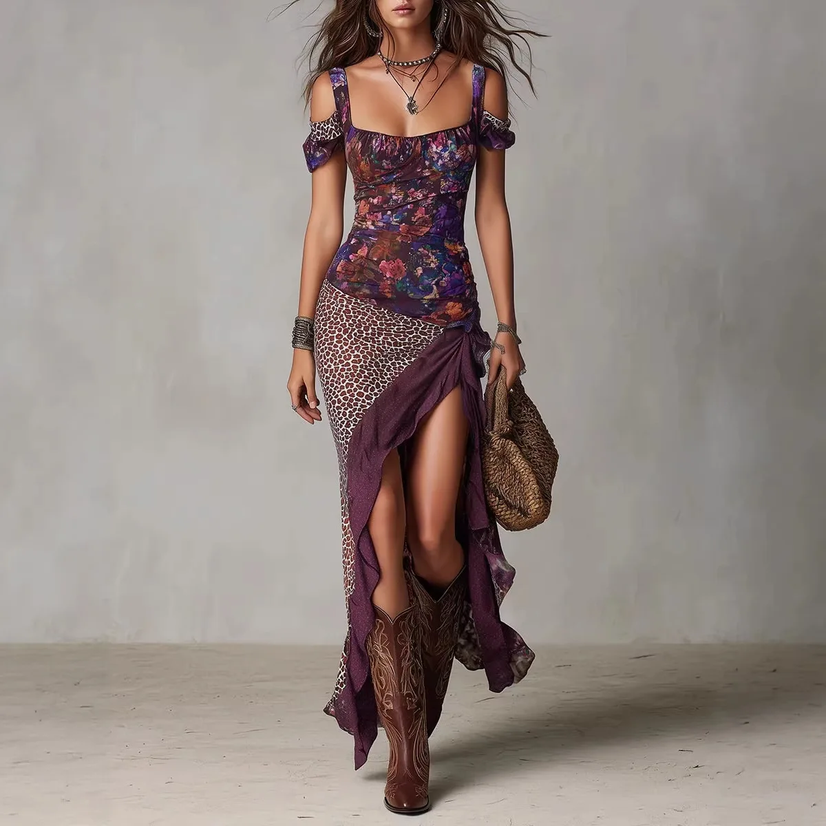 2026 Spring Summer New Romantic Floral Print Patchwork Spaghetti Strap Short Sleeve Irregular High Slit Long Dress