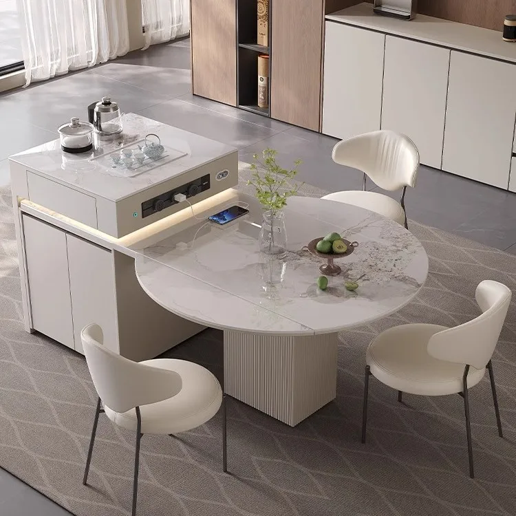 Sintered stone platform with a reverseable round integrated square and round dual-purpose table, telescopic folding island dinin