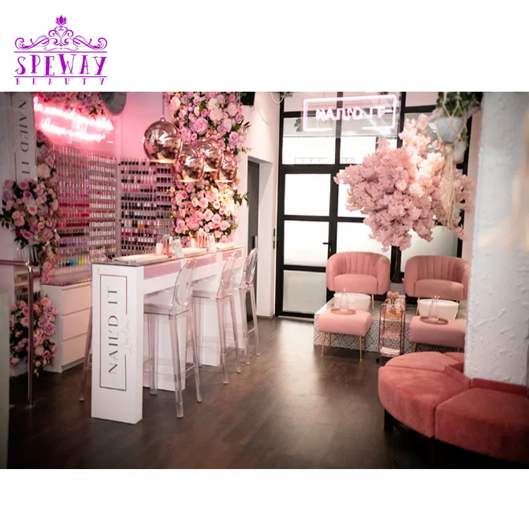 Logo personalizzato Elegante scrivania per unghie per manicure da salone da tavolo bianco lucido a 3 posti con piano in vetro
