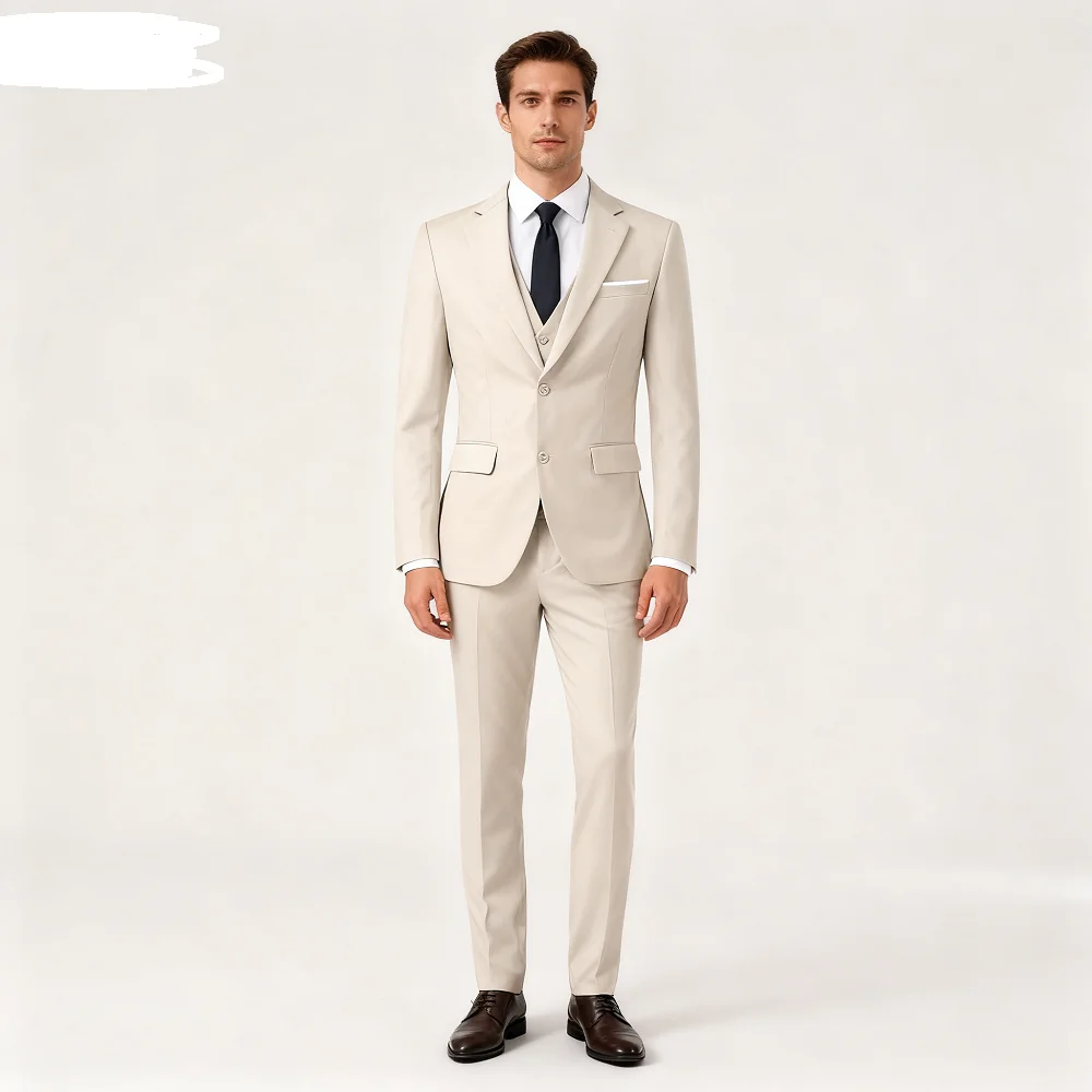 

Men's Monochromatic Slim Fit Wedding Suit Terno Peak Lapel 3 Button Jacket Vest Set Formal Business Smoking Attire