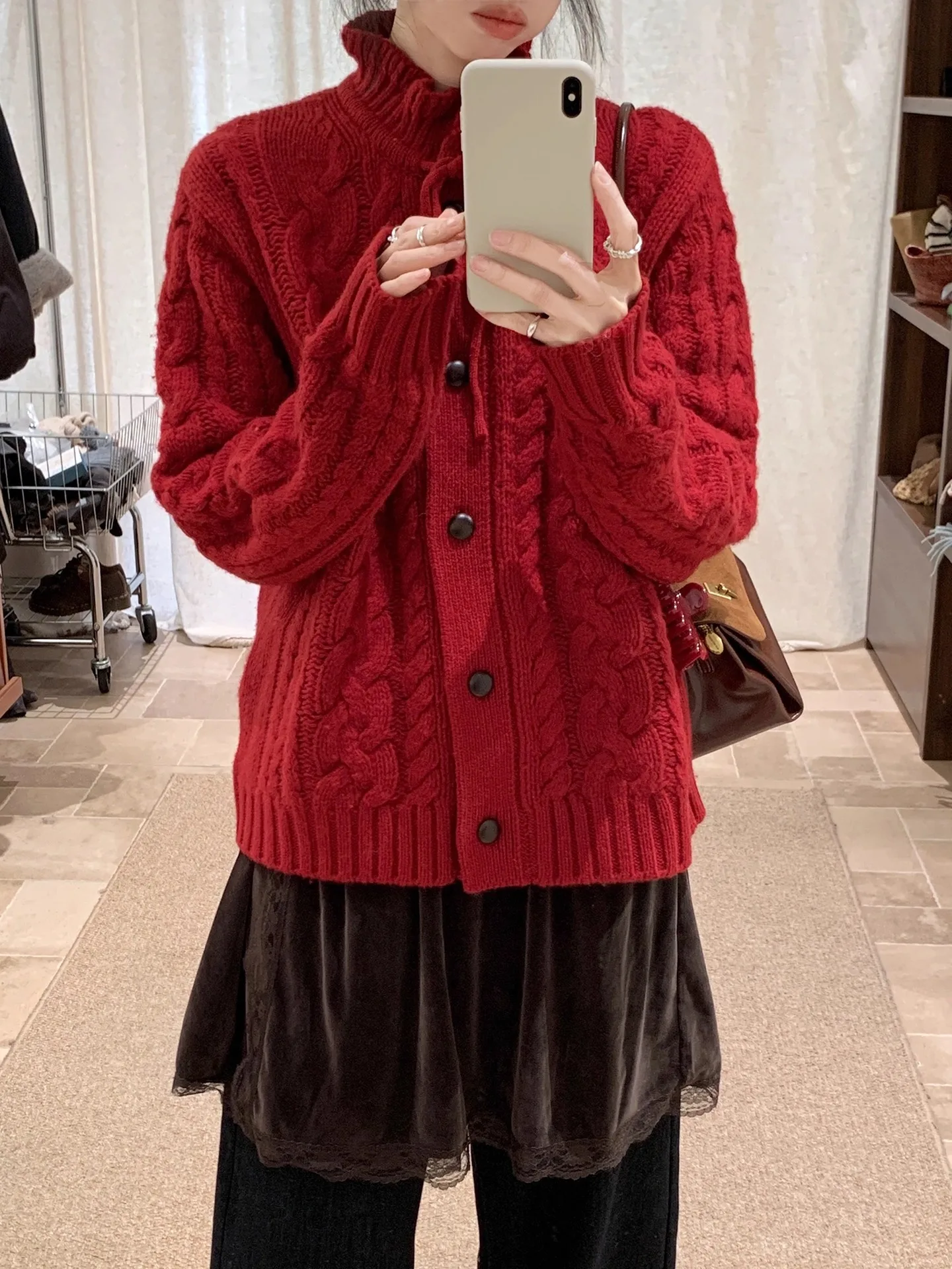 

Korean Sle Red Knitted Wool Sweater Women's Winter New Super Beautiful Thiened Cisas Season Outerwear Twist Yarn