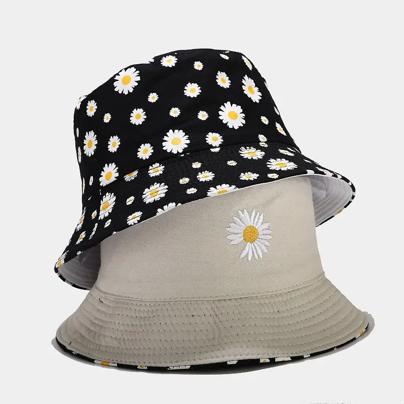 Popular Korean Daisy Embroidery Bucket Hat For Women Tropical Flower Print Double-Side Beach Panama Bob Caps Fisherman Sun Hat